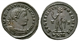 Constantine I (307/310-337), Follis, Londinium, AD 310, 5.08g, 23mm. Laureate and cuirassed bust right / Sol standing facing, head left, raising right...