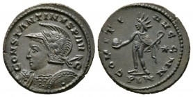 Constantine I (307/310-337), Follis, Londinium, 310-2, 4.53g, 23mm. Laureate, helmeted and cuirassed bust left, holding spear over shoulder and shield...