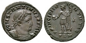 Constantine I (307/310-337), Follis, Londinium, 310-2, 5.43g, 22mm. Laureate and cuirassed bust right / Constantine standing left, holding globe and r...