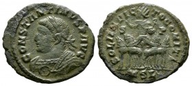 Constantine I (307/310-337), Follis, Londinium, AD 316, 3.52g, 21mm. Laureate bust left, wearing imperial mantle / Sol standing left on quadriga, seen...