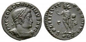 Constantine I (307/310-337), Follis, Lugdunum, 314-5, 3.57g, 18mm. Laureate and cuirassed bust right / Sol standing l., holding right hand high in sal...
