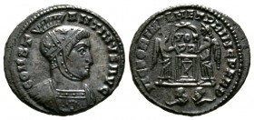 Constantine I (307/310-337), Follis, Ludgunum, 319-320, 3.14g, 18mm. Helmeted and cuirassed bust right / Two Victories holding shield inscribed VOT/PR...