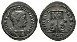 Constantine I (307/310-337), Follis, Lugdunum, AD 321, 2.25g, 20mm. Helmeted and cuirassed bust right / Captive seated on ground on either side of tro...