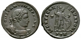 Constantine I (307/310-337), Follis, Treveri, 310-3, 4.55g, 22mm. Laureate and cuirassed bust right / Mars standing right, holding shield and spear; T...