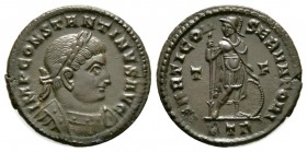 Constantine I (307/310-337), Follis, Treveri, 313-5, 3.50g, 20mm. Laureate and cuirassed bust right / Mars standing right, head turned left, holding s...