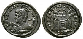 Constantine I (307/310-337), Follis, Treveri, AD 319, 3.03g, 19mm. Helmeted and cuirassed bust left, holding sceptre / Two Victories holding shield in...