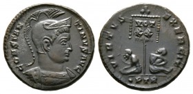 Constantine I (307/310-337), Follis, Treveri, AD 320, 3.56g, 18mm. Helmeted and cuirassed bust right / Standard inscribed VOT/ XX in two lines; bound ...