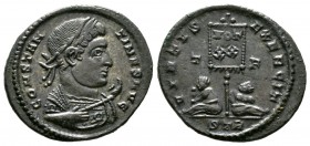 Constantine I (307/310-337), Follis, Treveri, 320-1, 2.80g, 20mm. Laureate bust right, wearing trabea, holding eagle-tipped sceptre / Standard inscrib...