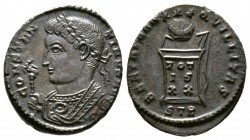 Constantine I (307/310-337), Follis, Treveri, AD 321, 3.14g, 18mm. Laureate bust left, wearing consular robes and holding eagle-tipped sceptre / Globe...