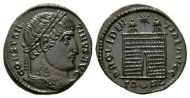 Constantine I (307/310-337), Follis, Arelate, 325-6, 3.29g, 18mm. Laureate head right / Camp-gate with two turrets, star above; SA-crescent-RL. RIC VI...