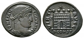 Constantine I (307/310-337), Follis, Arelate, AD 328, 3.12g, 20mm. Pearl-diademed head right / Camp-gate with four turrets, doors open; star above; S-...