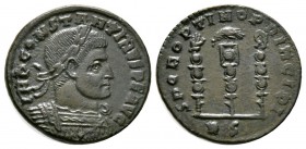 Constantine I (307/310-337), Follis, Rome, 312-3, 4.83g, 21mm. Laureate and cuirassed bust right / Legionary eagle between two vexilla, the left surmo...