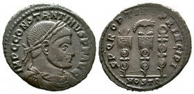 Constantine I (307/310-337), Follis, Ostia, 312-3, 4.31g, 21mm. Laureate and cuirassed bust right / Legionary eagle between two vexilla, the left surm...