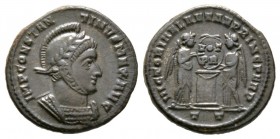 Constantine I (307/310-337), Follis, Ticinum, 318-9, 3.19g, 17mm. Laureate, helmeted and cuirassed bust right / Two Victories holding shield inscribed...