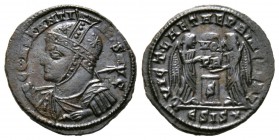 Constantine I (307/310-337), Follis, Siscia, 319-320, 3.16g, 19mm. Helmeted, draped and cuirassed bust left, holding spear over shoulder / Two Victori...