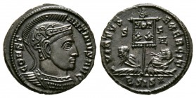 Constantine I (307/310-337), Follis, Siscia, AD 320, 3.56g, 18mm. Helmeted and cuirassed bust right / Labarum inscribed VOT/XX in two lines; two capti...