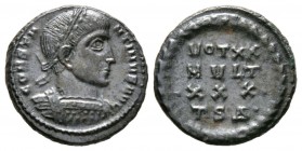 Constantine I (307/310-337), Follis, Thessalonica, 318-9, 3.51g, 17mm. Laureate and cuirassed bust right / VOT XX/ MVLT/ XXX/ TS·Δ· within wreath. RIC...
