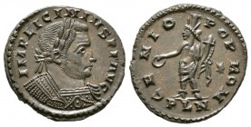 Licinius I (308-324), Follis, Londinium, 310-2, 5.21g, 23mm. Laureate and cuirassed bust right / Genius standing left, holding patera and cornucopia; ...