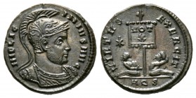 Licinius I (308-324), Follis, Aquileia, AD 320, 3.53g, 17mm. Helmeted and cuirassed bust right / Two captives seated at base of standard inscribed VOT...