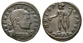 Maximinus II (310-313), Follis, Ostia, 312-3, 4.93g, 20mm. Laureate and cuirassed bust right / Genius standing left, holding patera and cornucopia; MO...