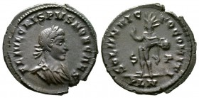 Crispus (Caesar, 316-326), Follis, Londinium, AD 317, 3.39g, 20mm. Laureate, draped and cuirassed bust right / Sol standing left, raising hand and hol...