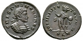 Crispus (Caesar, 316-326), Follis, Londinium, AD 317, 3.51g, 19mm. Laureate and cuirassed bust right / Sol standing left, raising hand and holding glo...