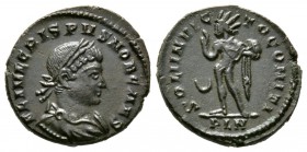 Crispus (Caesar, 316-326), Follis, Londinium, AD 318, 3.37g, 19mm. Laureate and cuirassed bust right / Sol standing left, raising hand and holding glo...