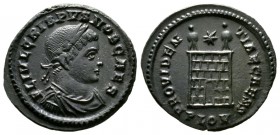 Crispus (Caesar, 316-326), Follis, Londinium, 324-5, 2.93g, 20mm. Laureate, draped and cuirassed bust right / Camp gate with two turrets; star above; ...