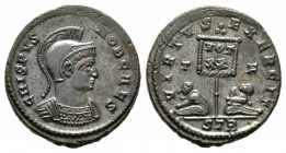 Crispus (Caesar, 316-326), Follis, Treveri, 320-1, 3.78g, 19mm. Helmeted and cuirassed bust right / Standard inscribed VOT/XX in two lines; bound capt...