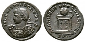 Crispus (Caesar, 316-326), Follis, Treveri, AD 322, 3.12g, 18mm. Laureate and cuirassed bust left, holding spear and shield / Globe on altar inscribed...
