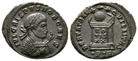 Crispus (Caesar, 316-326), Follis, Treveri, 322-3, 3.06g, 20mm. Laureate bust left, wearing consular robe and holding eagle-tipped sceptre / Globe on ...