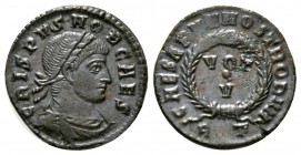 Crispus (Caesar, 316-326), Follis, Rome, AD 321, 2.62g, 18mm. Laureate, draped and cuirassed bust right / VOT • V in two lines within laurel wreath; R...