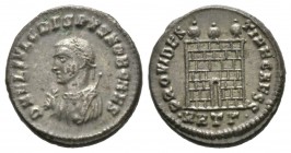 Crispus (Caesar, 316-326), Follis, Heraclea, AD 317, 3.27g, 17mm. Laureate bust left, wearing imperial mantle, holding mappa, globe and sceptre / Camp...