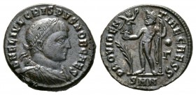 Crispus (Caesar, 316-326), Follis, Nicomedia, 317-20, 2.97g, 17mm. Laureate and draped bust right / Jupiter standing left, holding Victory on globe an...