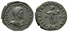 Constantine II (Caesar, 316-337), Follis, Treveri, 317-8, 3.59g, 20mm. Bareheaded, draped and cuirassed bust right / Sol standing left, raising hand a...