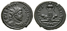 Constantine II (Caesar, 316-337), Follis, Treveri, AD 320, 3.73g, 20mm. CONSTANTI NVS IVN NS (sic), Radiate and cuirassed bust right / VIRTVS EXERCITI...