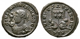 Constantine II (Caesar, 316-337), Follis, Treveri, AD 320, 2.61g, 18mm. Laureate, draped and cuirassed bust left, holding Victory on globe and mappa /...
