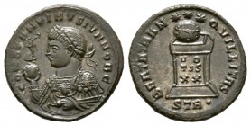 Constantine II (Caesar, 316-337), Follis, Treveri, AD 322, 3.21g, 18mm. Laureate and draped bust left, holding Victory on globe and mappa / Globe on a...
