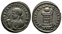 Constantine II (Caesar, 316-337), Follis, Treveri, 322-3, 3.67g, 19mm. Laureate, draped and cuirassed bust left, holding Victory on globe and mappa / ...