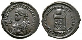 Constantine II (Caesar, 316-337), Follis, Treveri, 322-3, 3.62g, 19mm. Laureate, draped and cuirassed bust left, raising right hand and holding globe ...