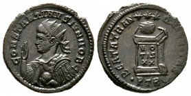 Constantine II (Caesar, 316-337), Follis, Treveri, AD 323, 2.51g, 18mm. Radiate bust left, raising right hand and holding globe in left / Globe on alt...