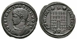 Constantine II (Caesar, 316-337), Follis, Treveri, 324-5, 3.48g, 19mm. Laureate, draped and cuirassed bust left / Camp-gate with two turrets; star abo...