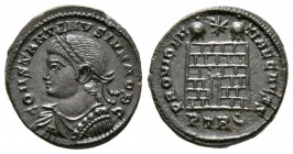 Constantine II (Caesar, 316-337), Follis, Treveri, AD 326, 3.26g, 19mm. Laureate, draped and cuirassed bust left / Camp-gate with two turrets; star ab...