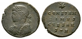 Constantine II (Caesar, 316-337), Follis, Treveri, AD 326. Laureate, draped and cuirassed bust left / CONSTAN TINVS CAESAR STR in four lines. RIC VII ...