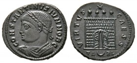 Constantine II (Caesar, 316-337), Follis, Arelate, 325-6, 3.52g, 19mm. Laureate, draped and cuirassed bust left / Camp-gate with four turrets, doors o...