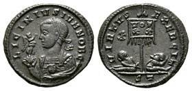 Licinius II (Caesar, 317-324), Follis, Ticinum, 319-20, 2.65g, 19mm. Laureate, draped and cuirassed bust left, holding Victory on globe and mappa / St...