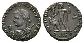 Licinius II (Caesar, 317-324), Follis, Antioch, 317-320, 2.91g, 17mm. Laureate and draped bust left, holding mappa, globe and sceptre / Jupiter standi...