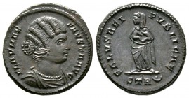 Fausta (Augusta, 324-326), Follis, Treveri, AD 326, 3.62g, 19mm. Draped bust right / Empress or Salus standing facing, head left, cradling two infants...