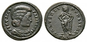 Fausta (Augusta, 324-326), Follis, Lugdunum, 324-5, 4.26g, 18mm. Draped bust right / Empress or Salus standing facing, head left, cradling two infants...