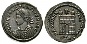 Constantius II (Caesar, 324-337), Follis, Treveri, AD 326, 3.00g, 19mm. Laureate, draped and cuirassed bust left / Camp-gate with two turrets and no d...